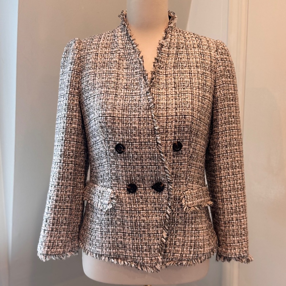 Ann Taylor Fringe Trim Tweed Double Breasted Blazer with Gold accent | Size 4